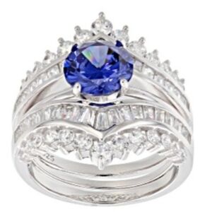 NIB AUTHENTIC GENUINE SOLID STERLING SILVER CZ TANZANITE WEDDING RING SET SIZE 7